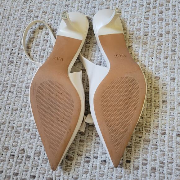 ZARA Womens 6.5/7 White Bow Patent Leather Slingback Heels Pointed Toe Shoes - Picture 7 of 10